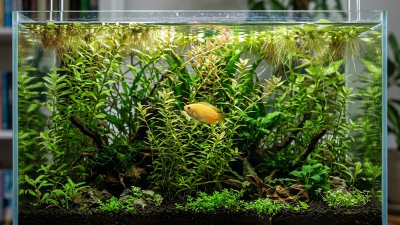 un acuario nano bien plantado con plantas altas de tallo, plantas flotantes dando sombra y superficie tranquila, con un pequeño gurami dorado entre el verde