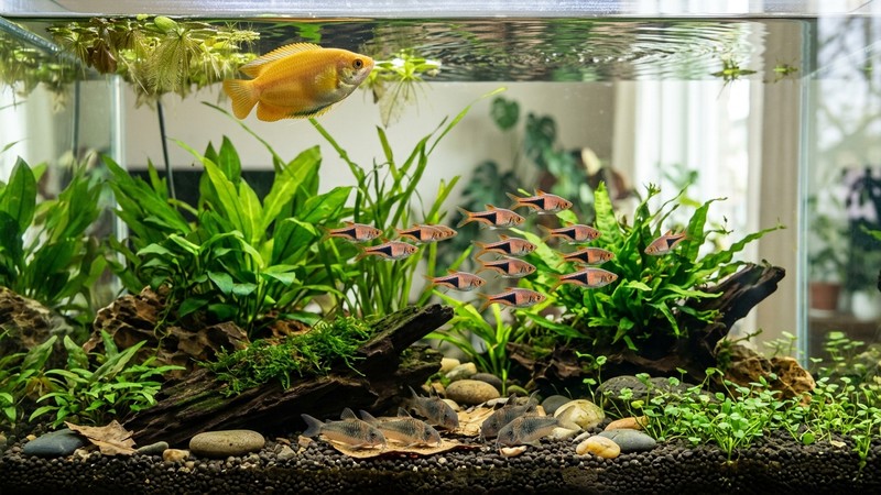 un acuario comunitario tranquilo con un gurami miel dorado arriba, rasboras en la zona media y corydoras en el fondo, todos sanos en agua cristalina