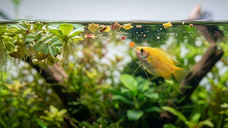 escamas y granulado flotando sobre la superficie tranquila de un acuario mientras un gurami miel dorado se acerca a comer cerca de las plantas flotantes