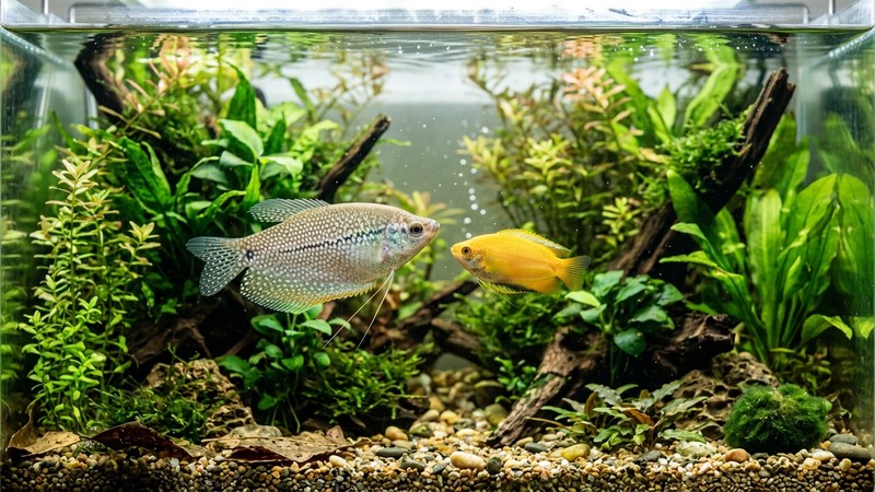un gurami miel dorado pequeño junto a un gurami perla nacarado más grande en un acuario plantado, mostrando la diferencia de tamaño y color en agua cristalina