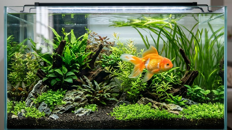 un acuario plantado limpio con agua muy clara y un pez de colores nadando entre plantas verdes
