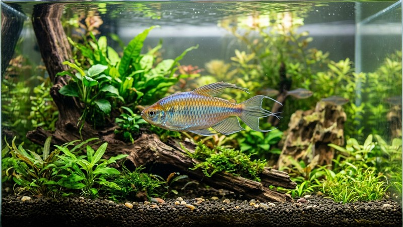 un pez robusto y activo nadando tranquilo en un acuario bien cuidado con buena luz