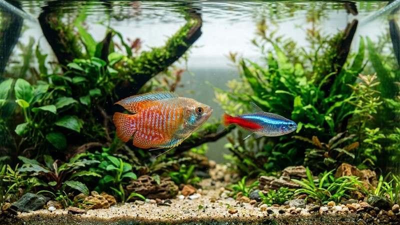 dos peces sanos de colores nadando juntos en un acuario limpio y equilibrado