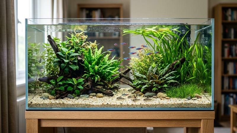 un acuario ordenado y limpio con grava clara, plantas y agua cristalina, sin suciedad en el fondo