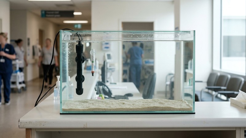 un pequeño acuario hospital vacío y limpio con agua clara y un calentador al fondo