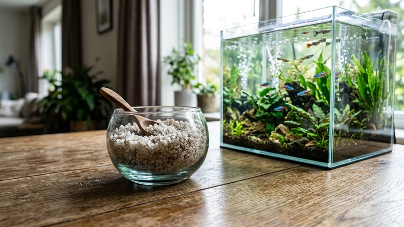 sal gruesa en un cuenco de cristal sobre una mesa de madera junto a un acuario cristalino