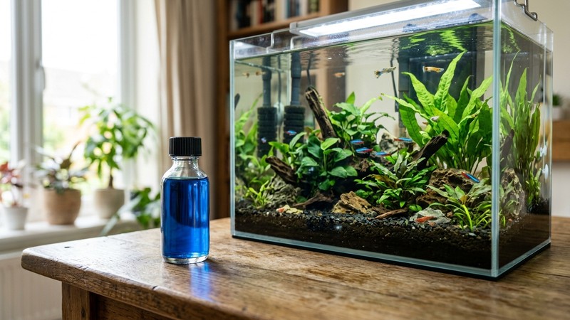 un frasco cerrado de tratamiento líquido azul en reposo sobre una mesa junto a un acuario limpio
