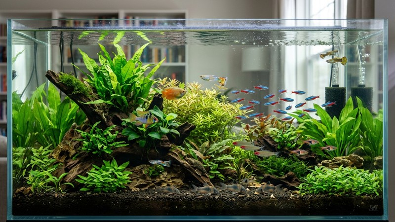 un acuario comunitario sano y equilibrado con varios peces de colores entre plantas verdes