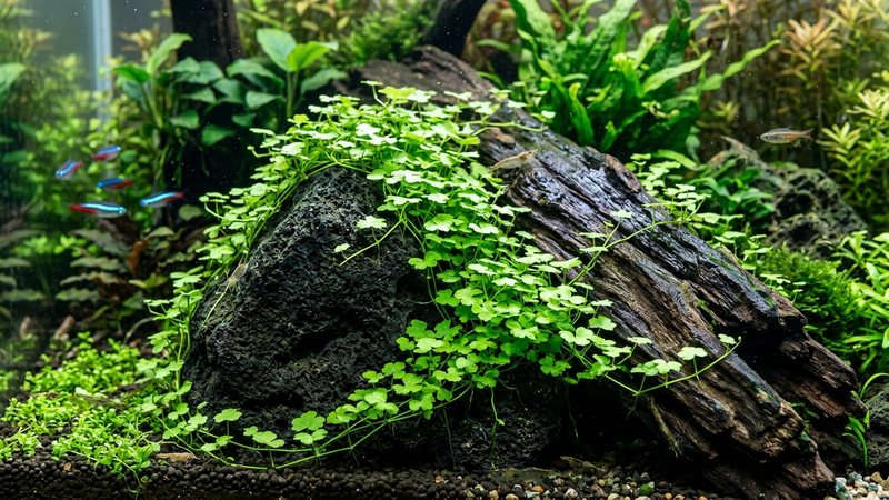 Hydrocotyle tripartita trepando y cubriendo una roca oscura y un tronco de madera dentro de un acuario plantado, contraste entre el verde vivo de las hojas y la madera
