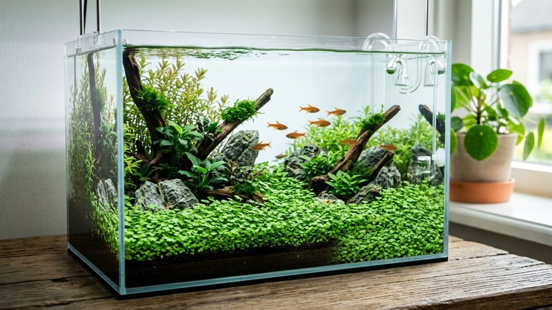 un acuario nano pequeño con una alfombra compacta y baja de Hydrocotyle tripartita variedad Japan cubriendo todo el primer plano, hojas menudas y apretadas, ambiente ordenado