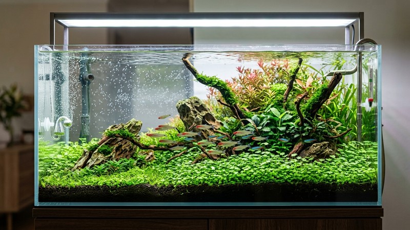 un acuario plantado brillante e iluminado por una pantalla de luz LED, con Hydrocotyle tripartita baja y compacta tapizando el suelo, burbujas finas de CO2 en el agua cristalina