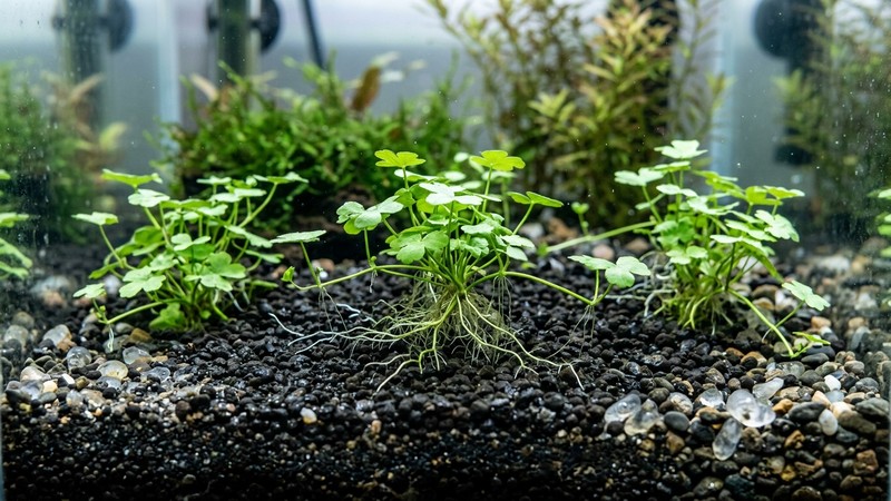 una capa de sustrato nutritivo oscuro para acuario con matas de Hydrocotyle tripartita recién plantadas y sus raíces finas visibles, grava clara alrededor