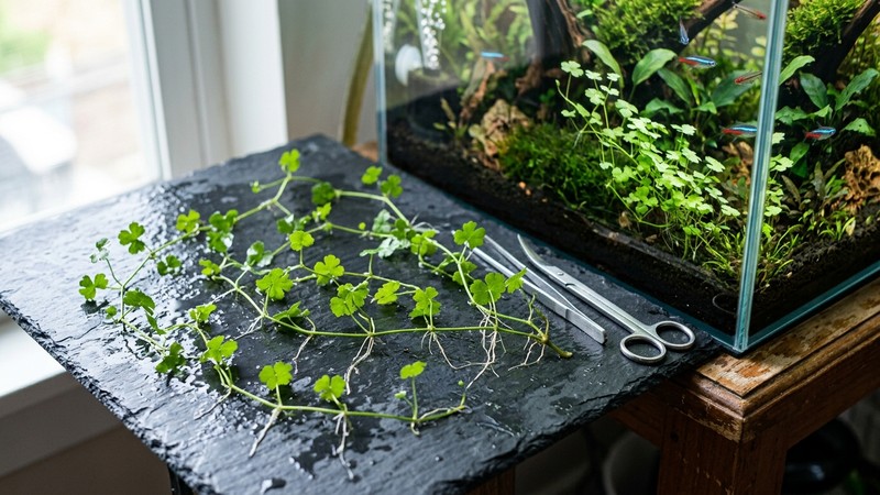 varios esquejes cortados de Hydrocotyle tripartita en reposo sobre una superficie húmeda junto a un acuario, pequeños fragmentos de tallo con hojas de trébol y nudos con raíces, sin manos