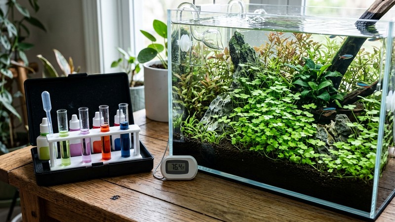 un termómetro de acuario y un test de parámetros de agua con tubos de colores apoyados sobre una mesa junto a un acuario plantado con Hydrocotyle tripartita, agua cristalina