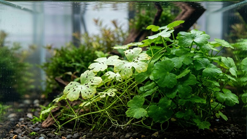 un detalle de hojas de Hydrocotyle tripartita con algunos pequeños agujeros por carencia de potasio, junto a hojas sanas de verde intenso, dentro de un acuario limpio