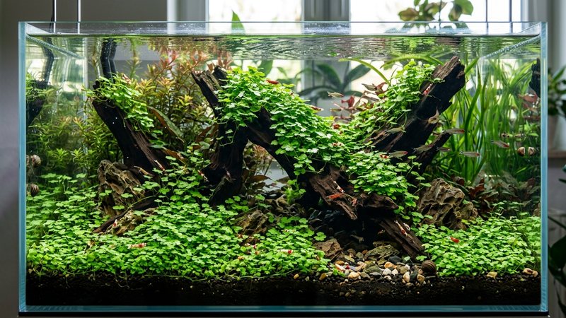 un acuario plantado completo y sano con Hydrocotyle tripartita repartida como tapizante, cubierta media y trepando por un tronco, gambas y caracoles pequeños, agua cristalina, plantas verdes y frescas