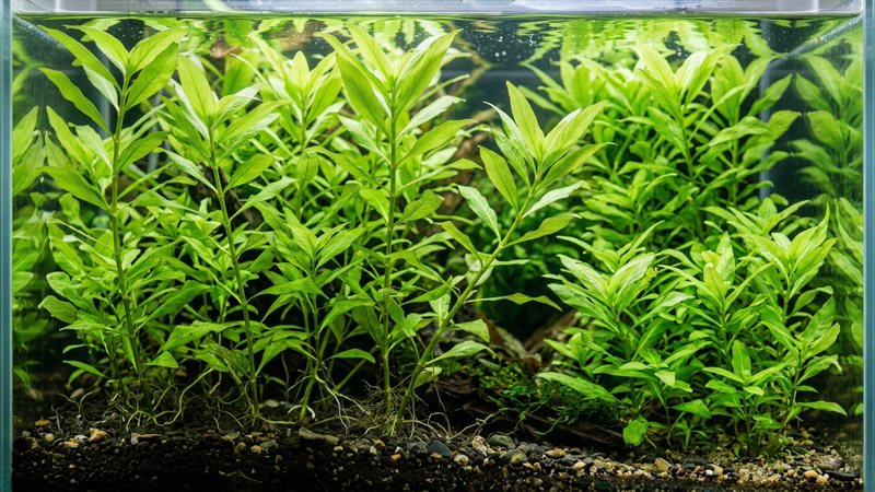 varios tallos de Hygrophila de hoja verde clara plantados en el sustrato de un acuario limpio, tallos altos y sanos con abundante follaje