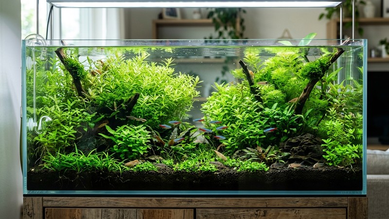 un acuario plantado sano con manchas de plantas de tallo verdes y densas absorbiendo nutrientes, agua transparente y sustrato oscuro