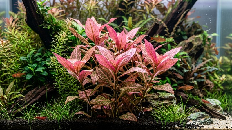 una Hygrophila polysperma variedad sunset de hojas rosadas con nervadura marcada, bien iluminada dentro de un acuario plantado