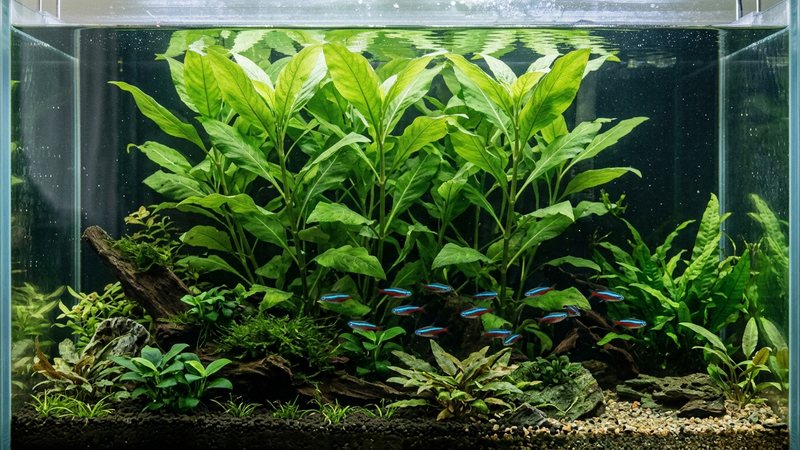 una Hygrophila corymbosa de hojas grandes verdes situada en el lateral trasero de un acuario plantado, tallos altos y frondosos