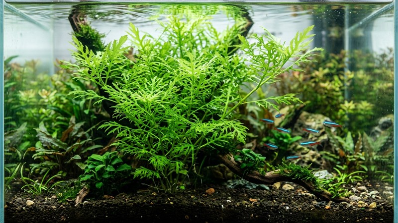 una Hygrophila difformis wisteria con su hoja recortada de encaje, verde brillante, creciendo dentro de un acuario limpio