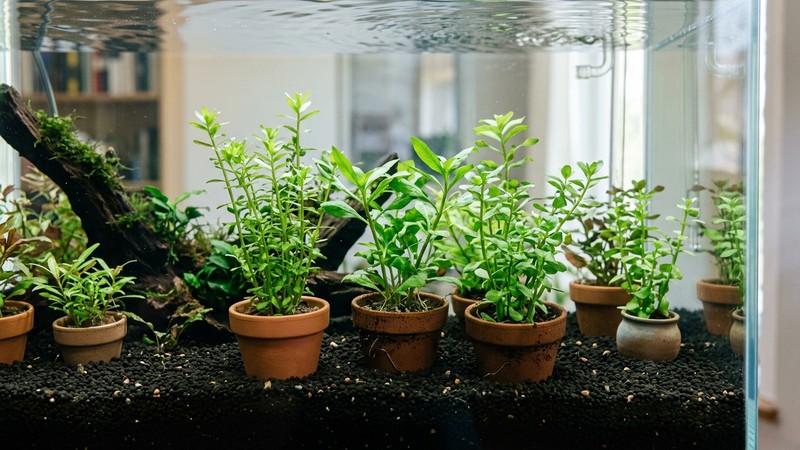 varias macetas de plantas de tallo verdes recién colocadas en un acuario plantado nuevo con sustrato oscuro y agua cristalina