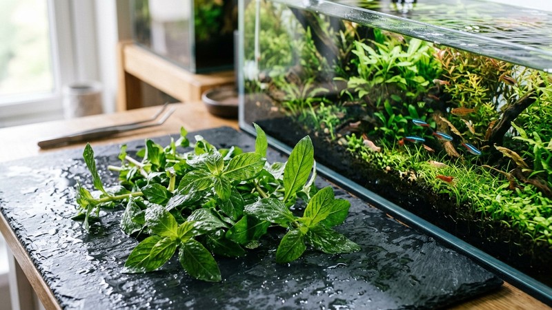 unos esquejes cortados de Hygrophila en reposo sobre una superficie húmeda junto a un acuario plantado, puntas de tallo sanas con hojas verdes