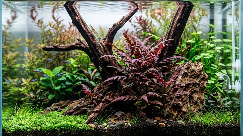 una Hygrophila pinnatifida de hojas granate y rojo vino adherida a un tronco y a una roca dentro de un acuario plantado de aquascaping