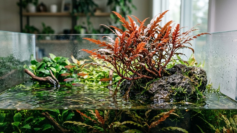 una Hygrophila pinnatifida emergida creciendo fuera del agua sobre una roca en la superficie de un acuario plantado, con hojas rojizas