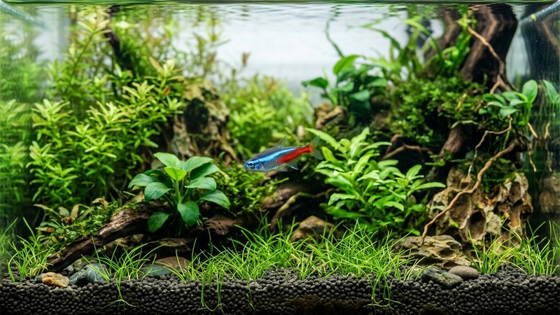 un pez nadando en un acuario limpio con plantas verdes y el agua muy clara