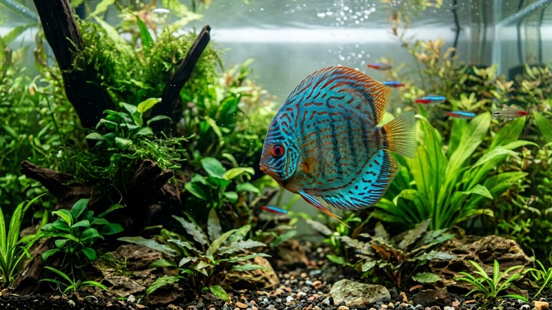 un pez vigoroso y con buen color nadando tranquilo en un acuario plantado