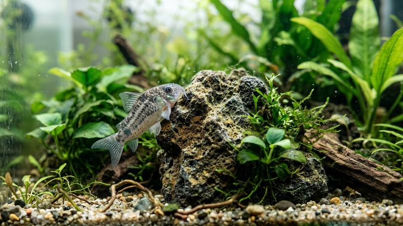 un pez rozándose suavemente contra una piedra decorativa del acuario