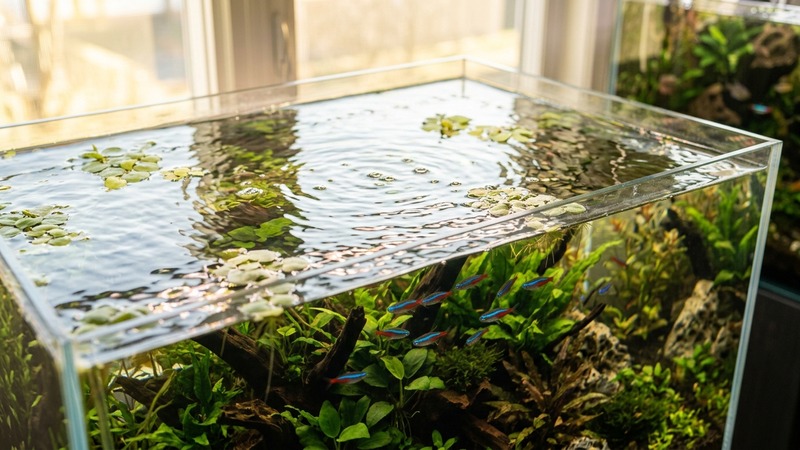 la superficie de un acuario con luz cálida y agua muy clara