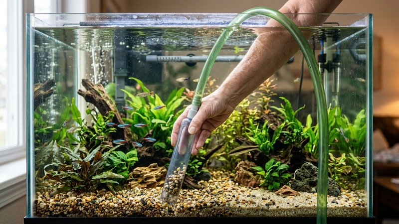 una mano haciendo un cambio de agua en un acuario con una manguera y un sifón