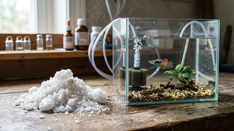 sal gruesa en cristales junto a un pequeño acuario de tratamiento