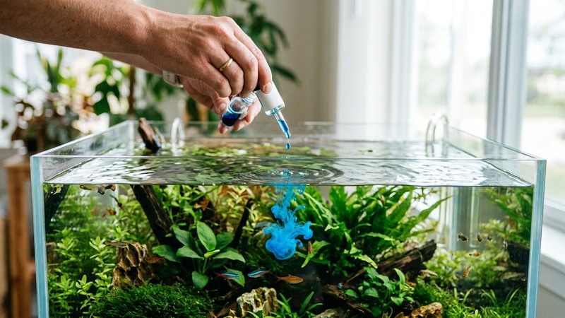 una mano añadiendo unas gotas de tratamiento líquido azul al agua de un acuario a plena luz del día