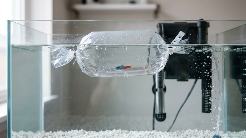 un pez nuevo dentro de una bolsa transparente flotando en un acuario de cuarentena