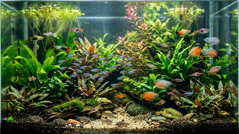 un acuario comunitario sano y equilibrado con varios peces de colores entre plantas