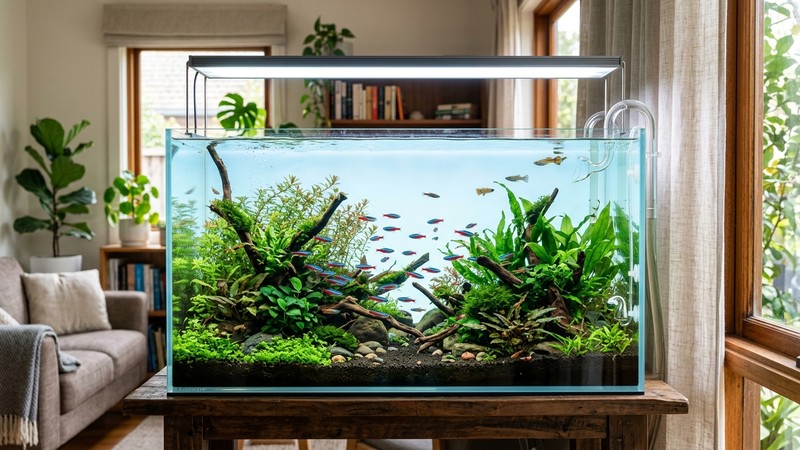 un acuario de agua dulce montado en un salón luminoso, con una pantalla de luz encendida sobre el vidrio y peces pequeños nadando entre plantas verdes