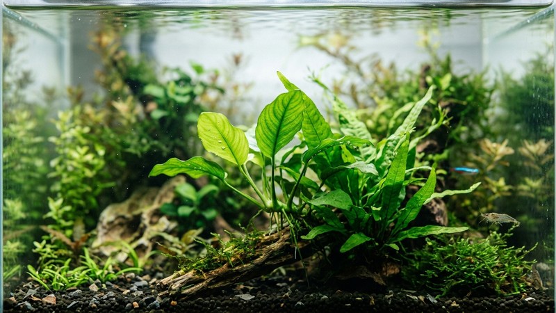 un primer plano de plantas acuáticas sanas dentro de un acuario, con hojas nuevas de un verde vivo iluminadas suavemente desde la superficie del agua