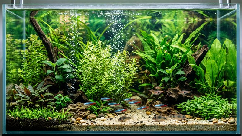 un acuario plantado con pequeñas burbujas de oxígeno subiendo entre las hojas verdes, el agua muy limpia y unos peces relajados al fondo