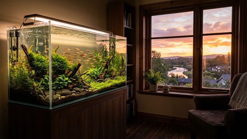 un acuario iluminado al atardecer junto a una ventana, con un cardumen de peces pequeños nadando tranquilos bajo una luz cálida y estable
