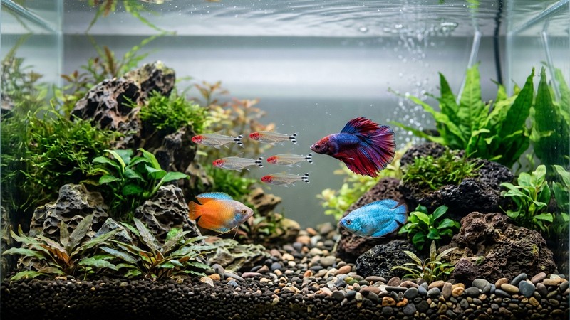 un acuario sencillo centrado en los peces, con una luz suave y agradable, decoración de rocas y unos pocos peces coloridos bien visibles
