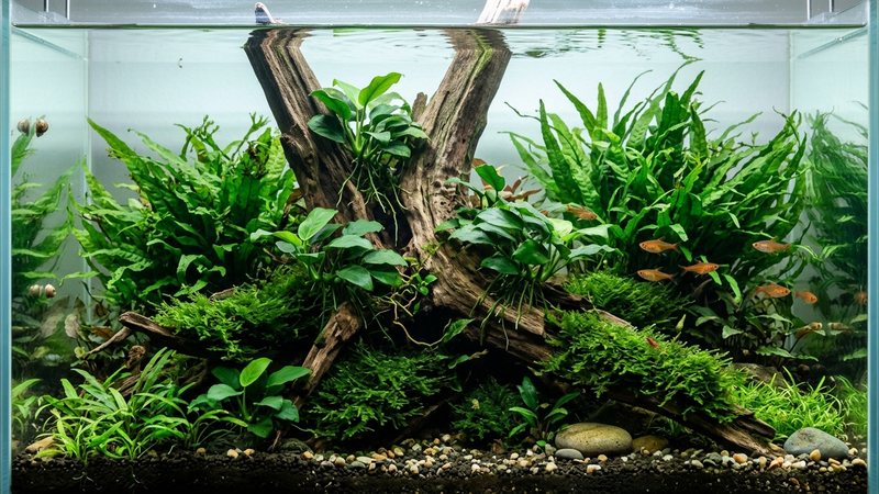 un acuario plantado de bajos requerimientos con helechos, anubias y musgo verde creciendo sobre troncos, iluminación media y agua clara