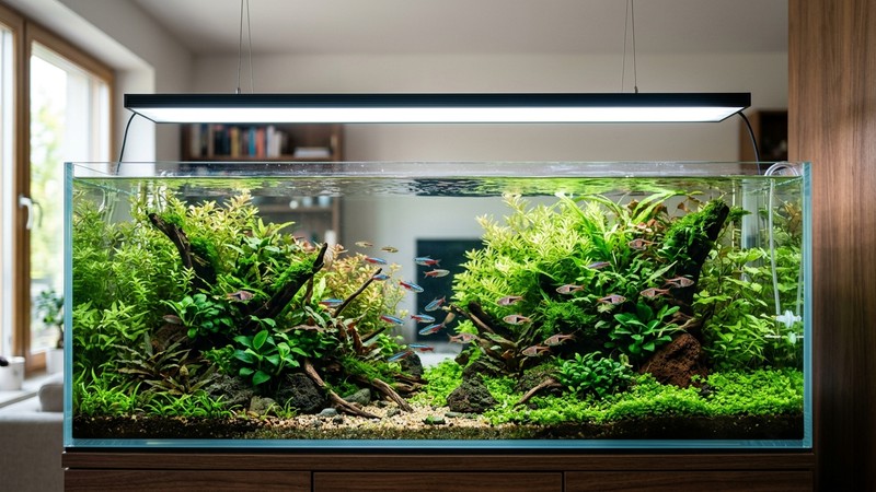 una moderna pantalla LED delgada encendida sobre un acuario plantado, proyectando una luz blanca y limpia sobre el agua cristalina