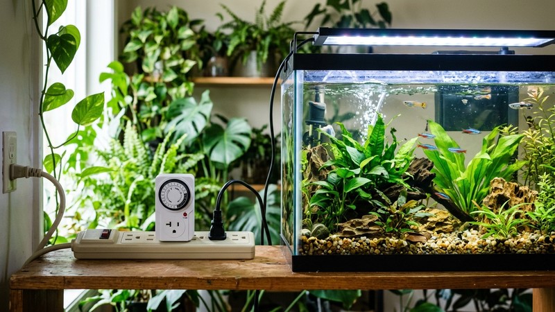 un pequeño temporizador enchufado en una regleta junto a un acuario iluminado, sugiriendo un horario de luz controlado, con plantas verdes al fondo