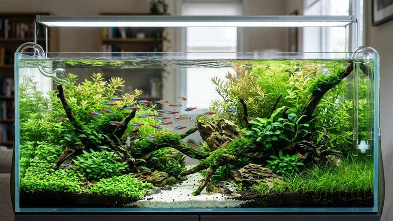 un acuario plantado impecable y equilibrado, sin rastro de algas, con plantas de un verde brillante y el agua totalmente transparente bajo una luz suave