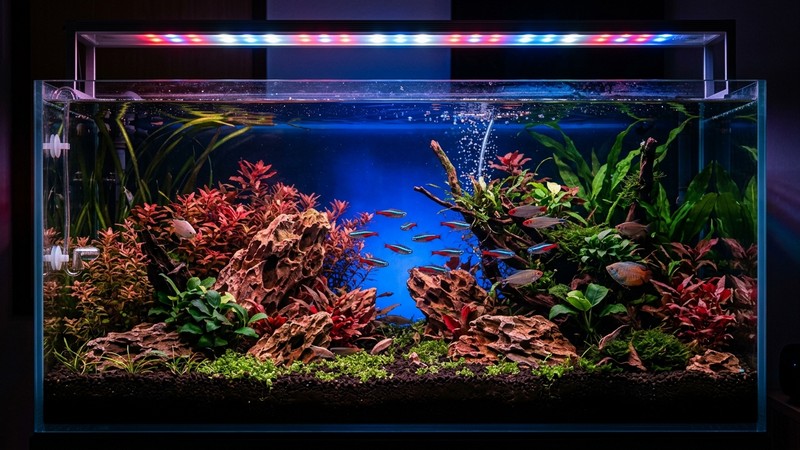 un acuario iluminado con una pantalla de leds de varios colores, donde el rojo realza las rocas y las plantas rojizas y el azul da profundidad al fondo
