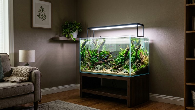 un acuario bien colocado en un rincón sin sol directo, con su propia pantalla de luz encendida y el agua limpia reflejando un ambiente tranquilo