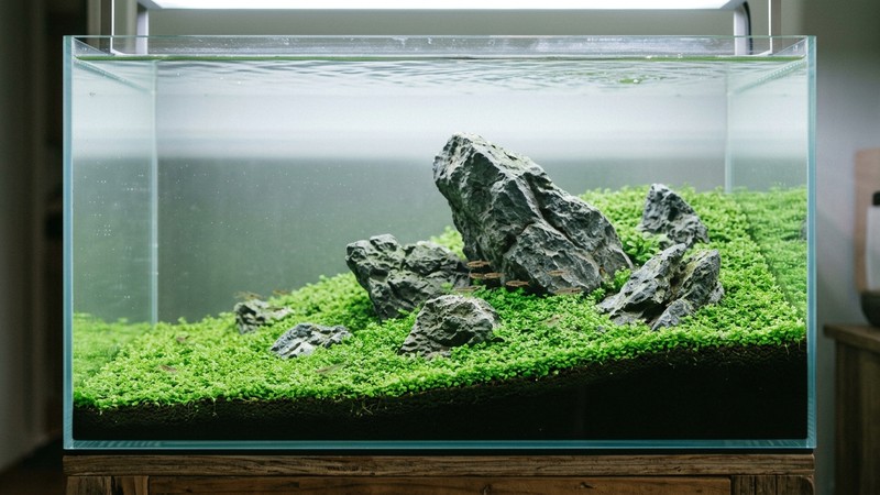un paisaje de acuario Iwagumi con las piedras colocadas descentradas siguiendo la regla de los tercios, con sensación de profundidad y pendiente hacia el fondo, tapiz verde uniforme y agua limpia